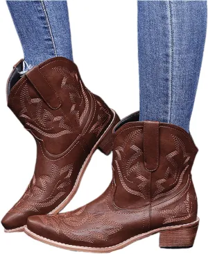 Lausiuoe Cowboy Boots For Women Wide Calf Short Heel Embroidered Western Pointed Toe Cowgirl Style Fashion Boot Pull-On