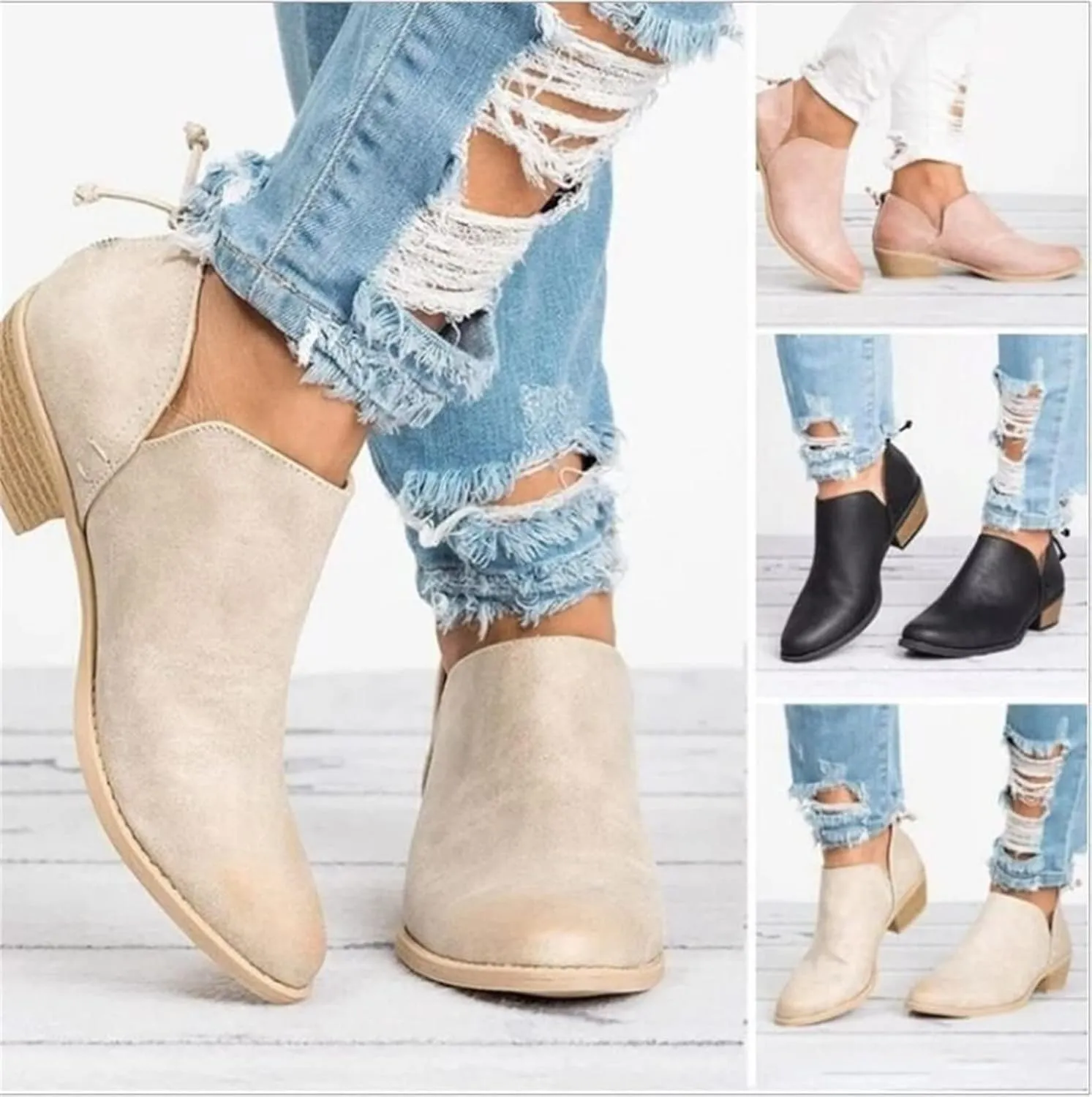 Lausiuoe Womens Boots Ankle Low Heel Cut Out Ankle Boots Casual Dressy Wide Chunky Block Stacked Slip on Western Booties