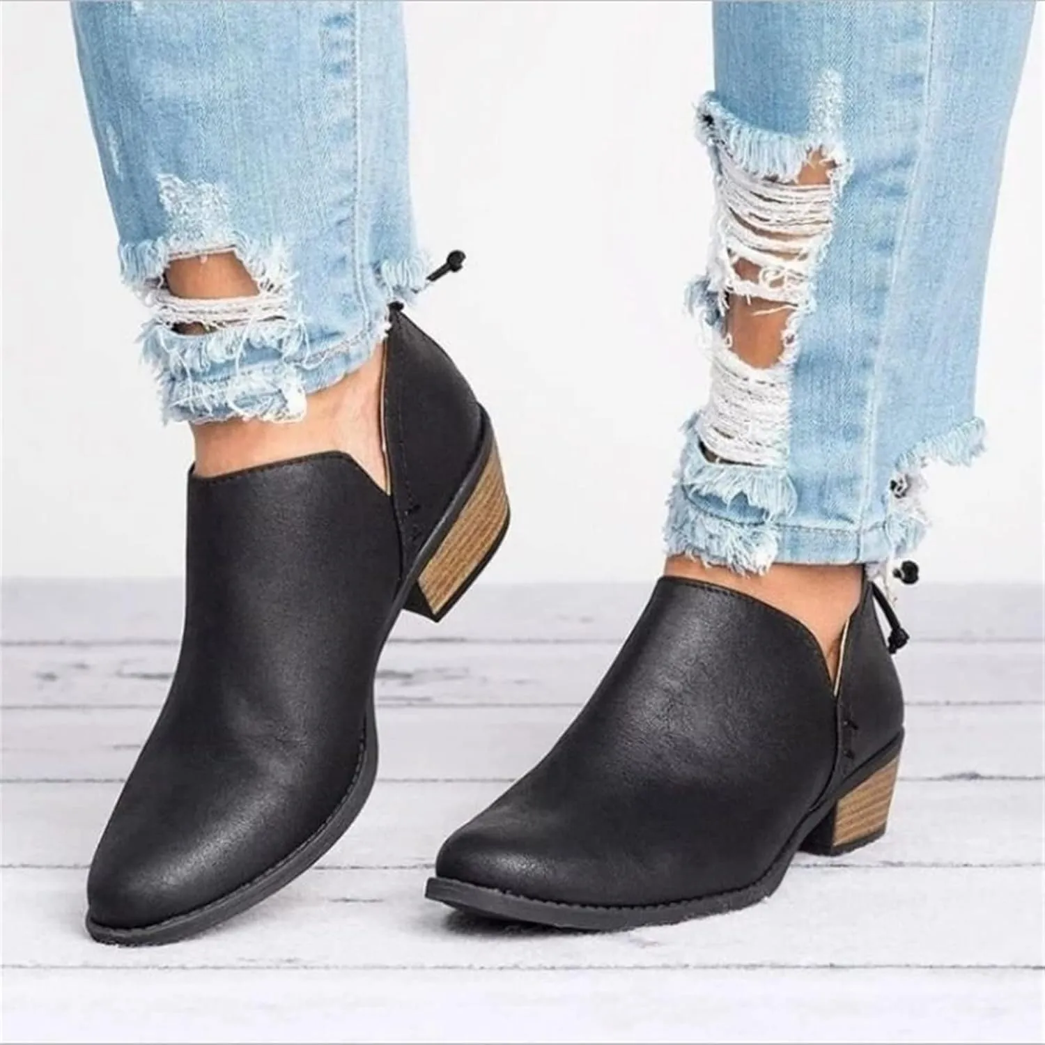 Lausiuoe Womens Boots Ankle Low Heel Cut Out Ankle Boots Casual Dressy Wide Chunky Block Stacked Slip on Western Booties