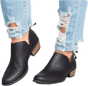 Lausiuoe Womens Boots Ankle Low Heel Cut Out Ankle Boots Casual Dressy Wide Chunky Block Stacked Slip on Western Booties