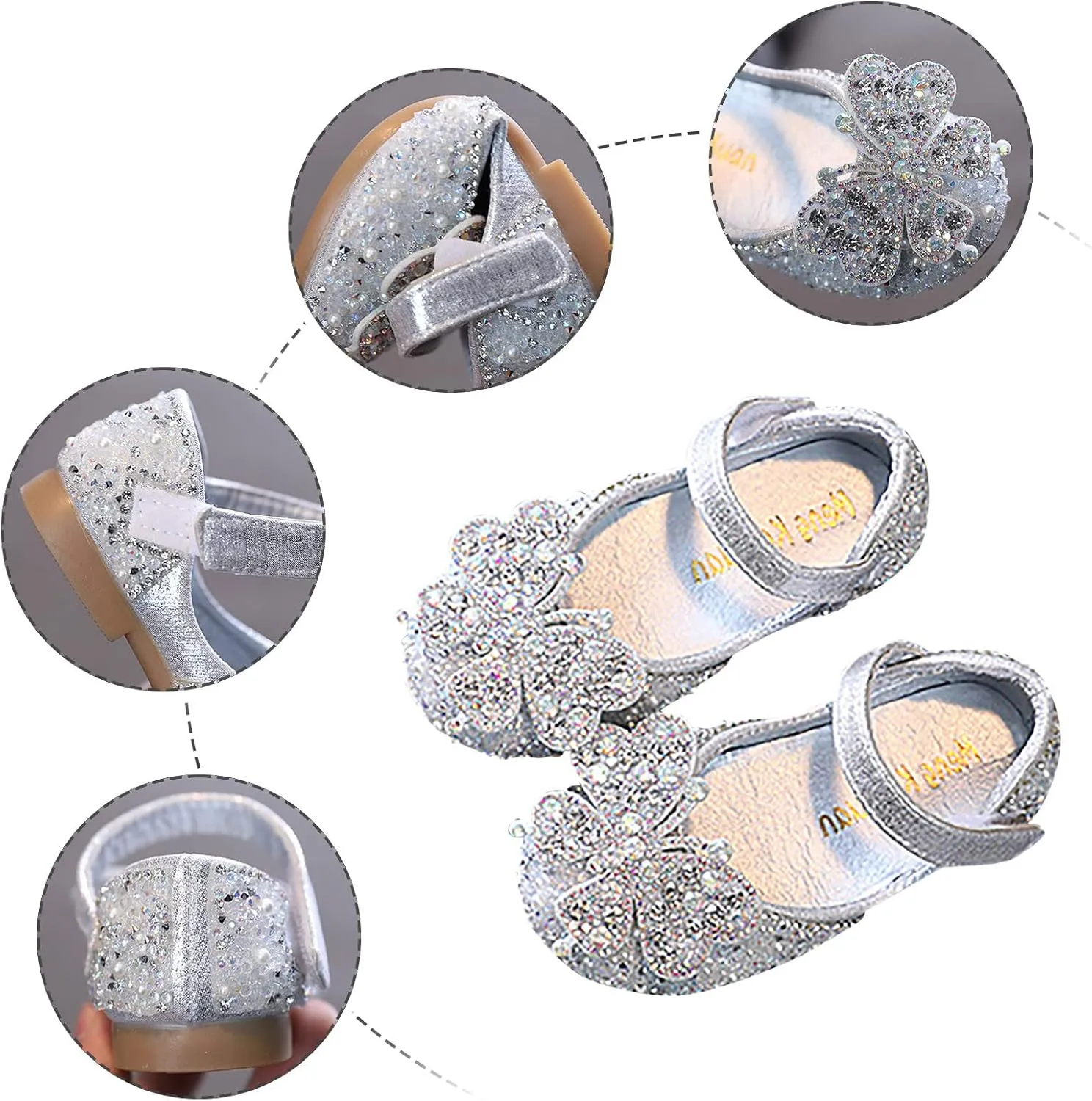 Little Girls Dress Shoes Mary Jane 𝗥hinestones Bow Flower Wedding Shoes Glitter Sequins Princess Ballet Flat𝘀