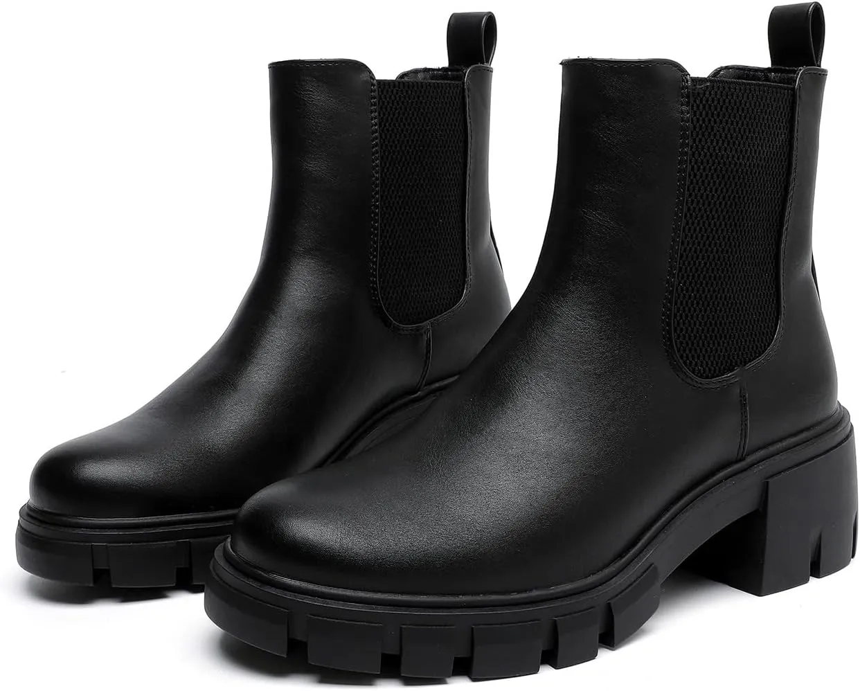 MEMON Women's Chelsea Boots,Casual Chunky Heel Slip on Elastic Ankle Booties,Black Booties For Women Low Heel,Combat Booties