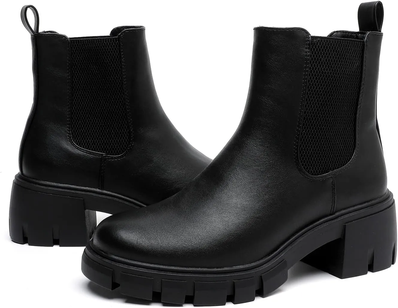 MEMON Women's Chelsea Boots,Casual Chunky Heel Slip on Elastic Ankle Booties,Black Booties For Women Low Heel,Combat Booties