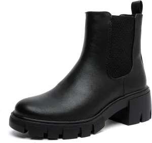 MEMON Women's Chelsea Boots,Casual Chunky Heel Slip on Elastic Ankle Booties,Black Booties For Women Low Heel,Combat Booties