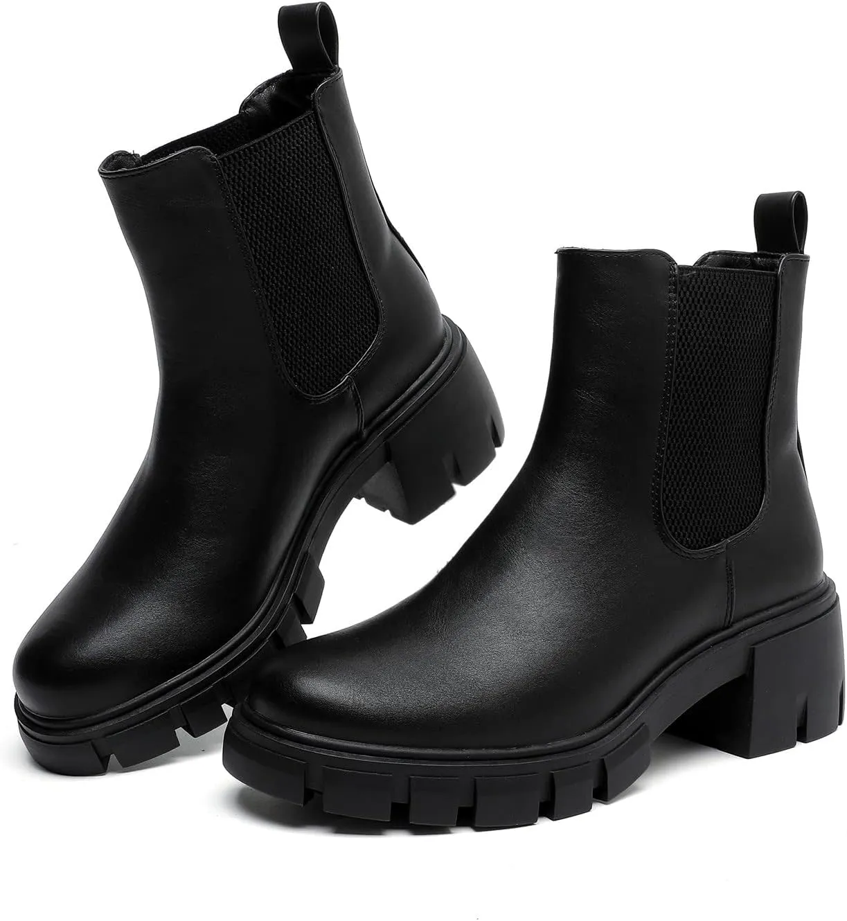 MEMON Women's Chelsea Boots,Casual Chunky Heel Slip on Elastic Ankle Booties,Black Booties For Women Low Heel,Combat Booties