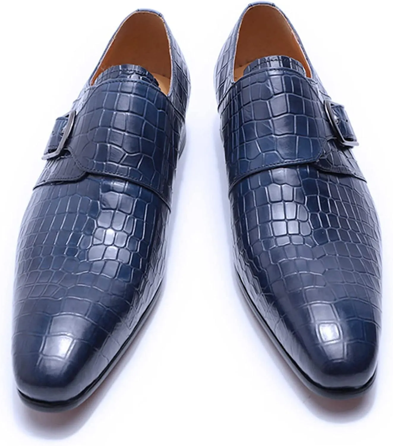 Men Oxford Dress Shoes Real Leather Low Top Non Slip Wedding Office Shoes Buckle Slip On Monk Strap Shoes,Blue-44