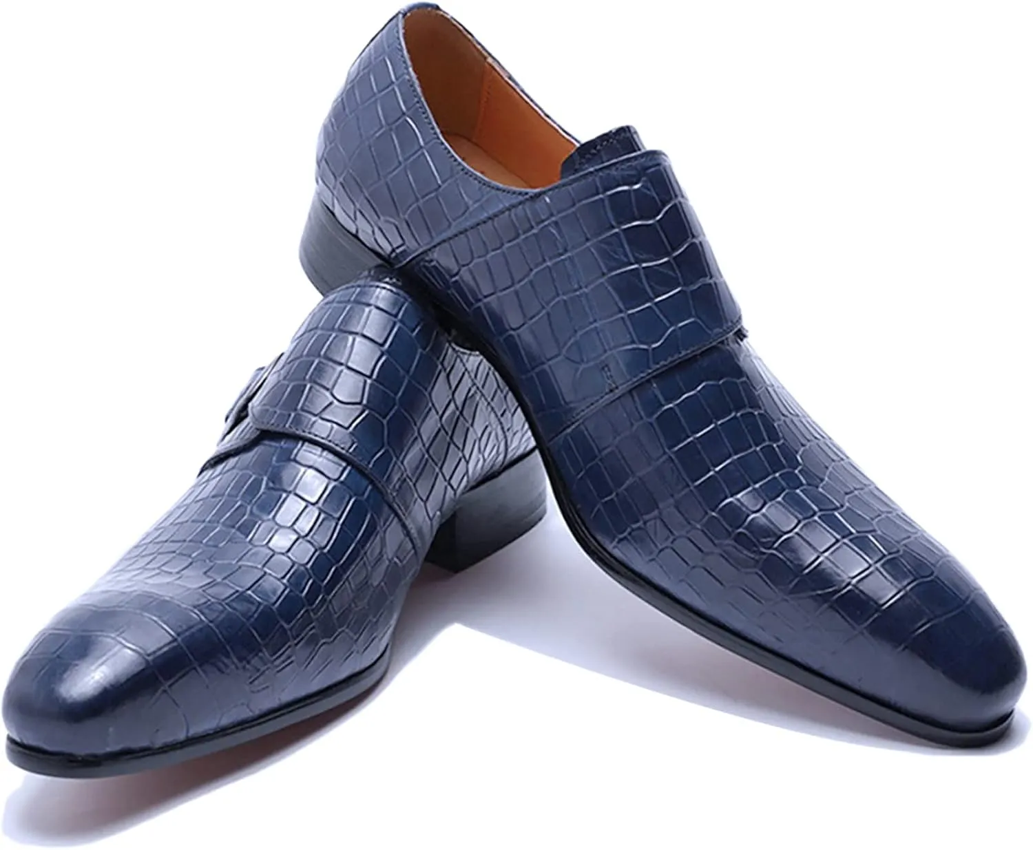 Men Oxford Dress Shoes Real Leather Low Top Non Slip Wedding Office Shoes Buckle Slip On Monk Strap Shoes,Blue-44