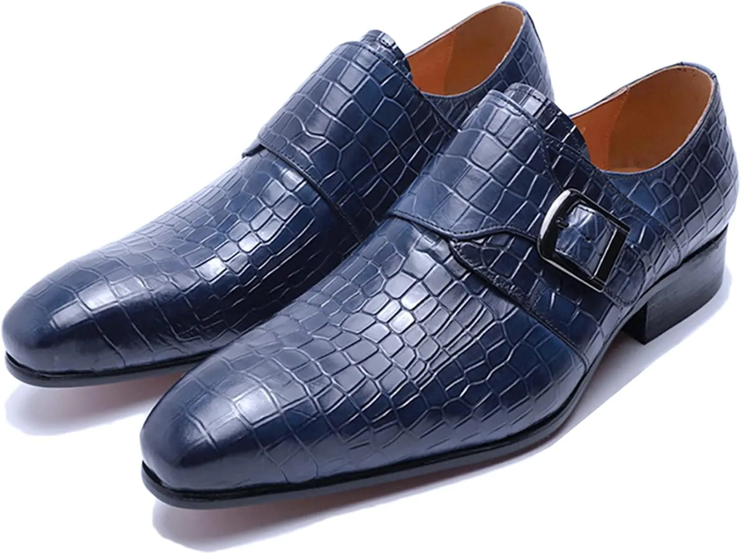 Men Oxford Dress Shoes Real Leather Low Top Non Slip Wedding Office Shoes Buckle Slip On Monk Strap Shoes,Blue-44