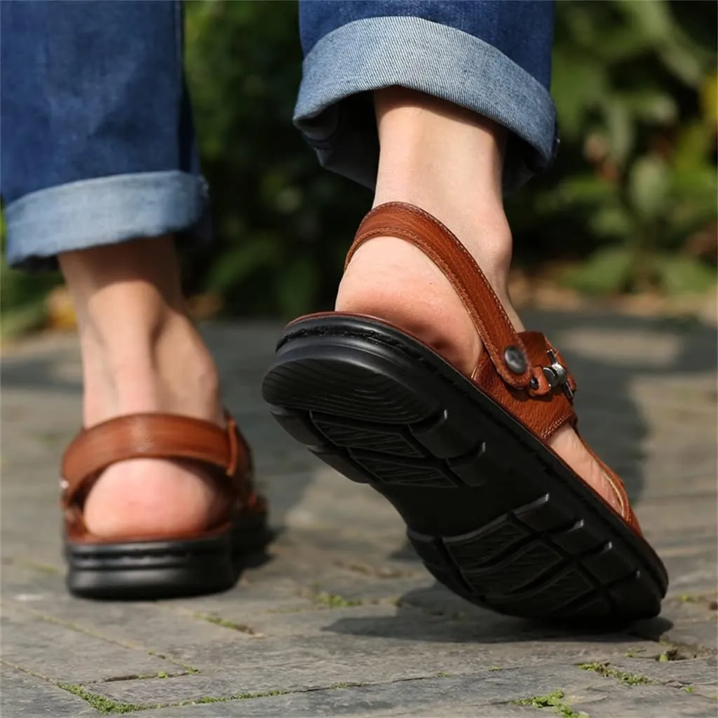 Men's Beach Shoes Sandals Cow Leather Slippers Breathable Purpose Men's Sandals(39)