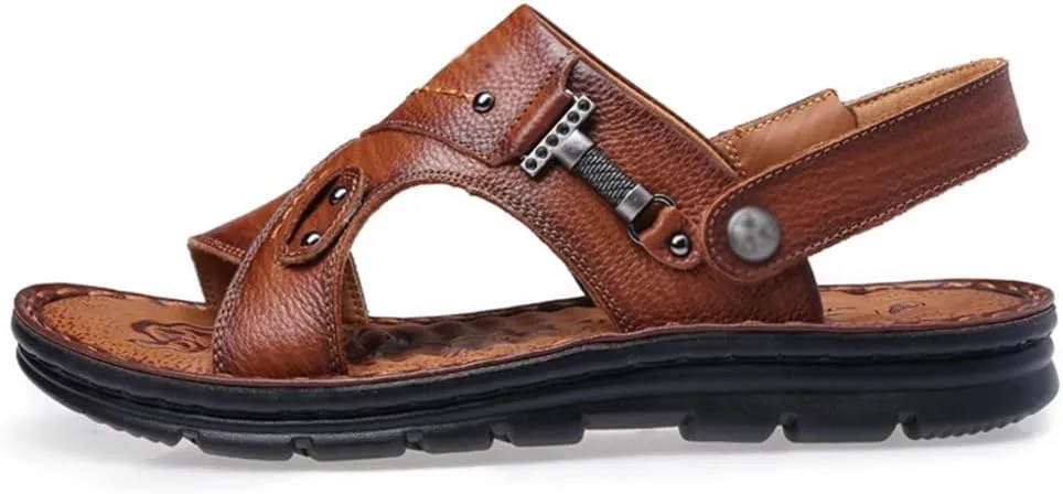 Men's Beach Shoes Sandals Cow Leather Slippers Breathable Purpose Men's Sandals(39)