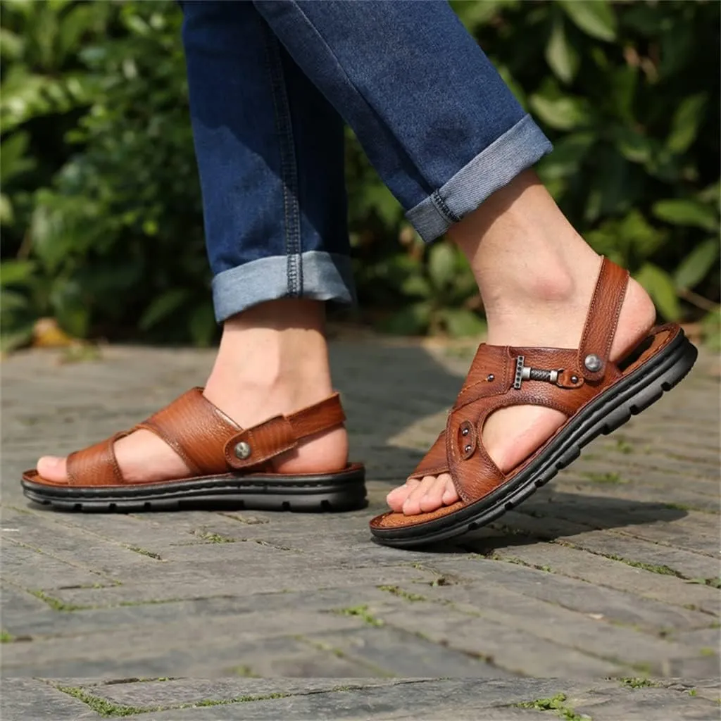 Men's Beach Shoes Sandals Cow Leather Slippers Breathable Purpose Men's Sandals(39)