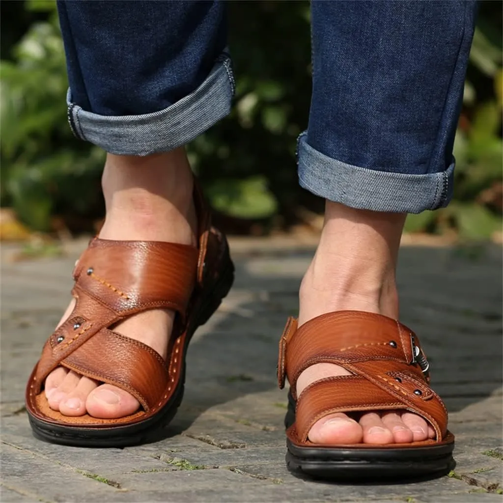 Men's Beach Shoes Sandals Cow Leather Slippers Breathable Purpose Men's Sandals(39)