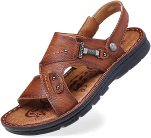 Men's Beach Shoes Sandals Cow Leather Slippers Breathable Purpose Men's Sandals(39)