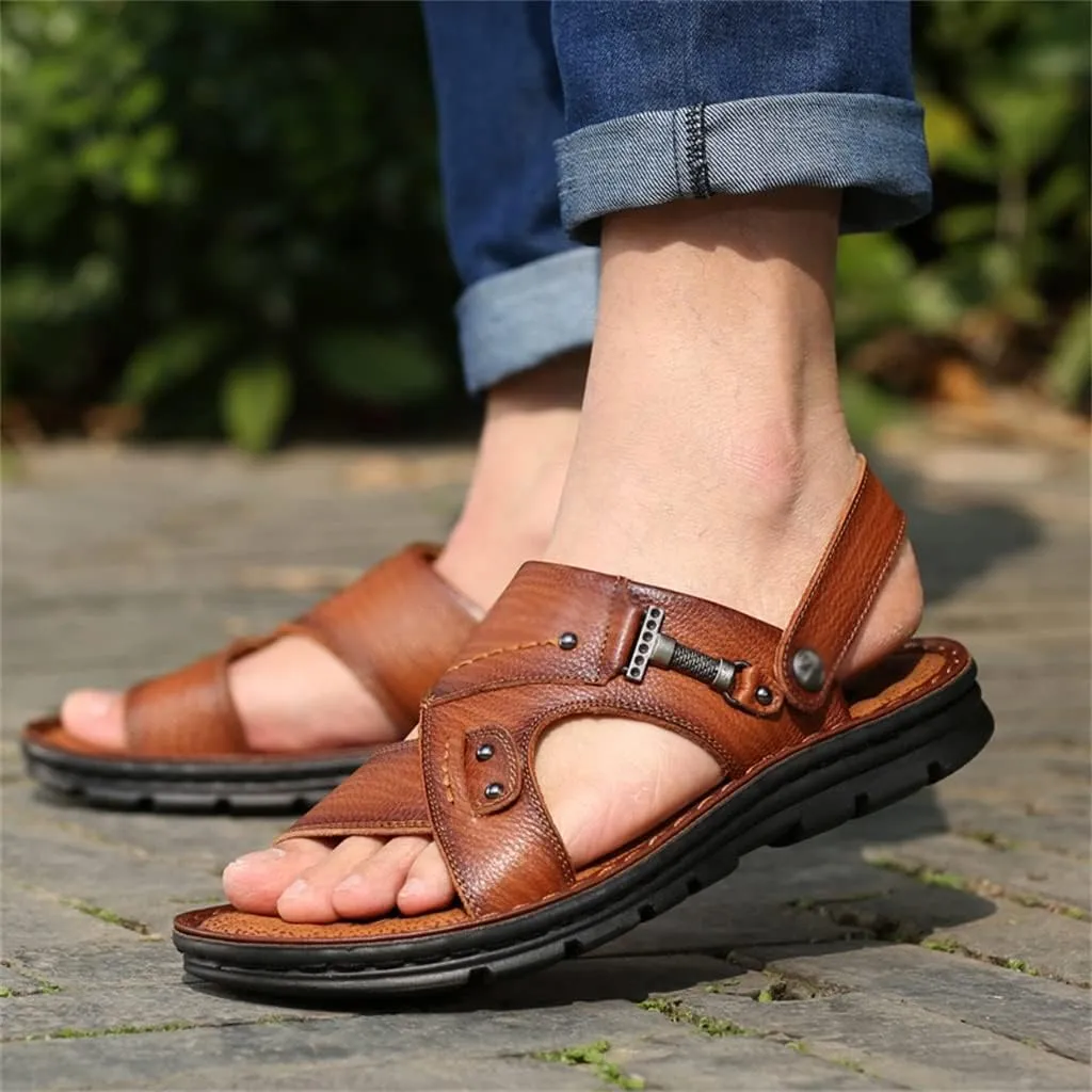 Men's Beach Shoes Sandals Cow Leather Slippers Breathable Purpose Men's Sandals(39)