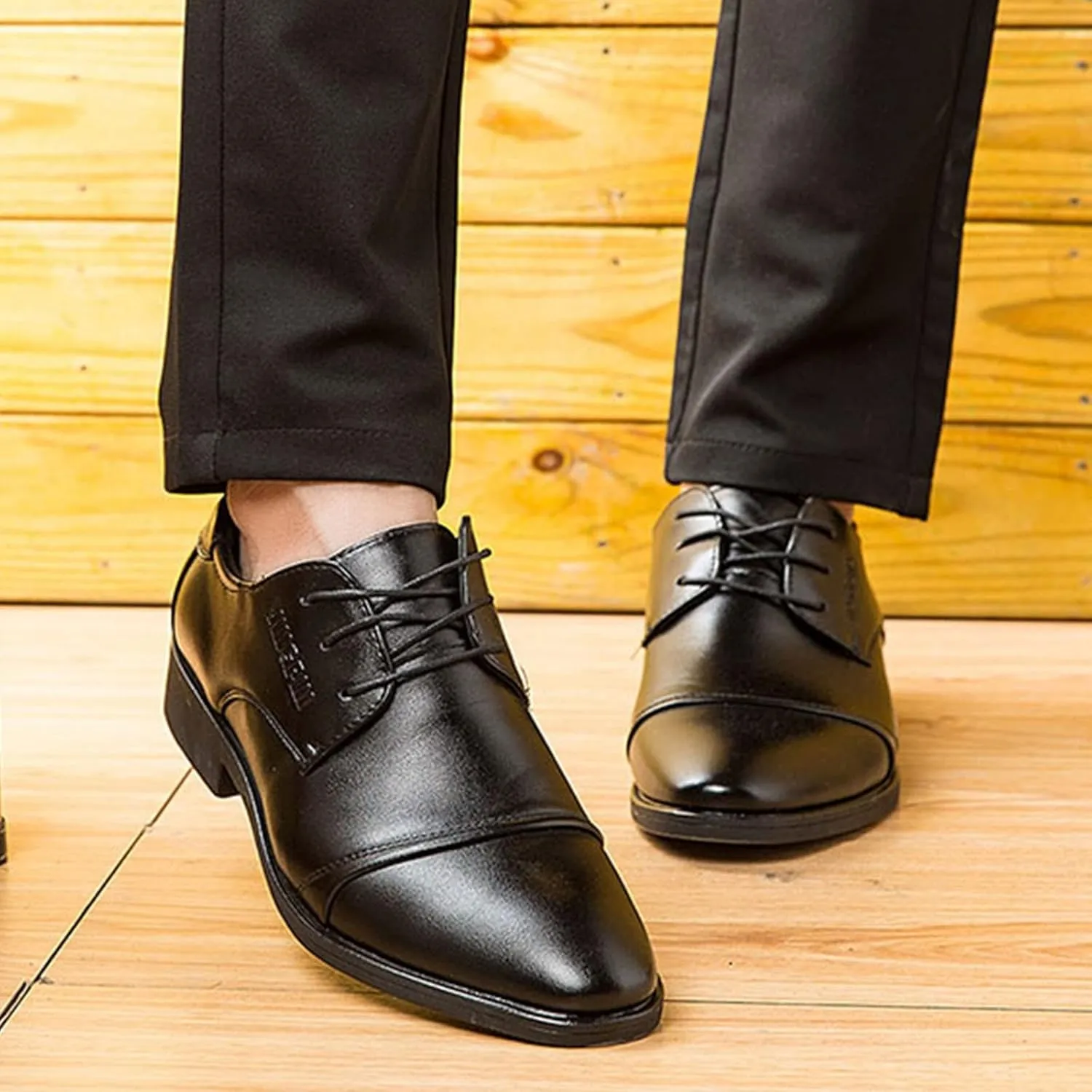 Men's Business Casual Shoes Size 15 Fashion Summer and Autumn Men Leather Shoes Low Heel Pointed Toe Lace Up Solid Color Simple British Style Men Dress Shoes Wide Width Black