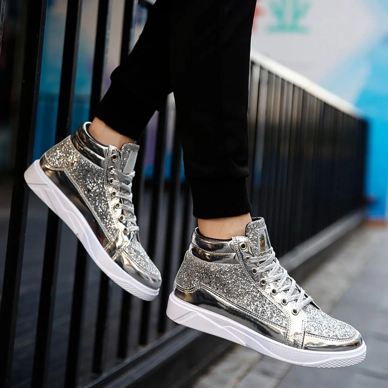 Men's Fashion Bright Leather with Sequin Thick Soled High Top Casual Shoes Comfortable Sneakers Shoes Men Classic Leather Sneaker