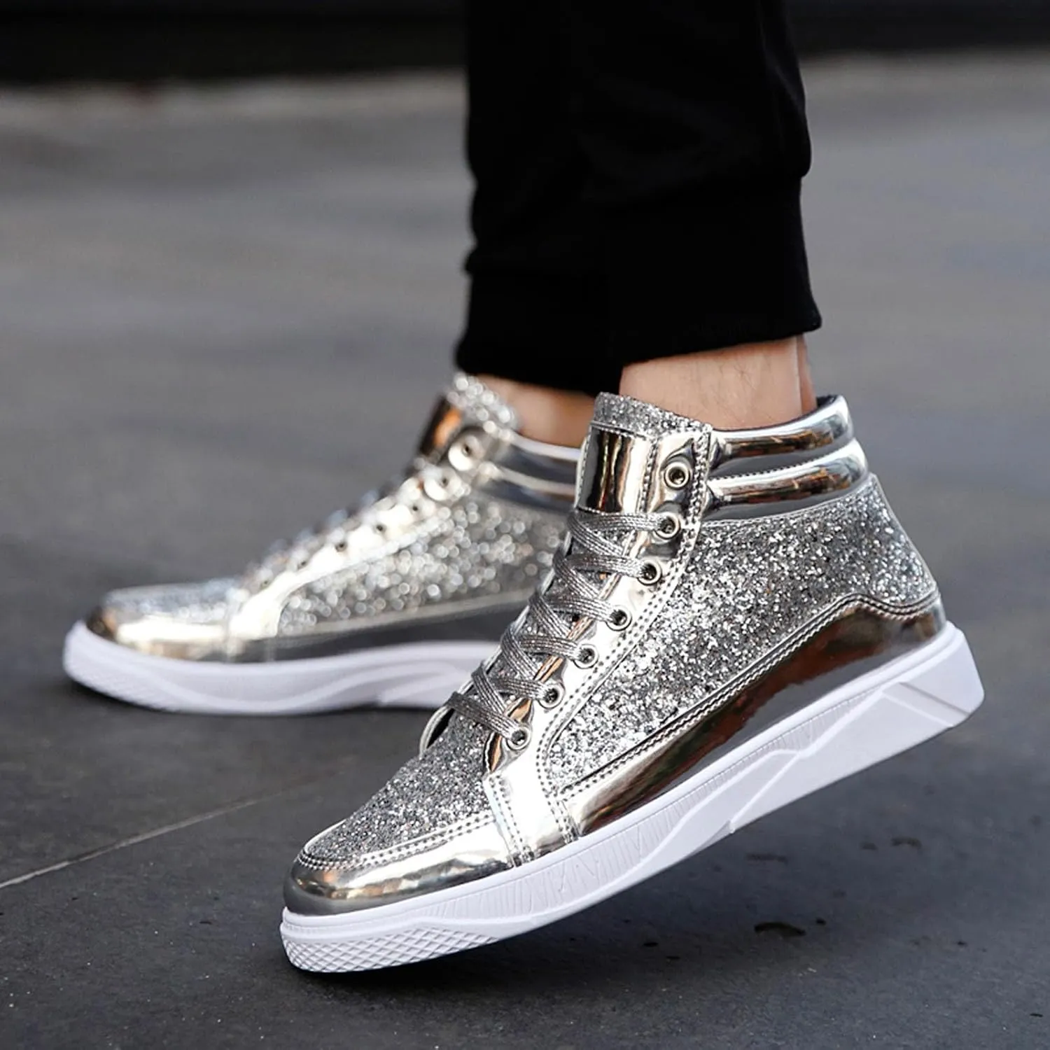 Men's Fashion Bright Leather with Sequin Thick Soled High Top Casual Shoes Comfortable Sneakers Shoes Men Classic Leather Sneaker
