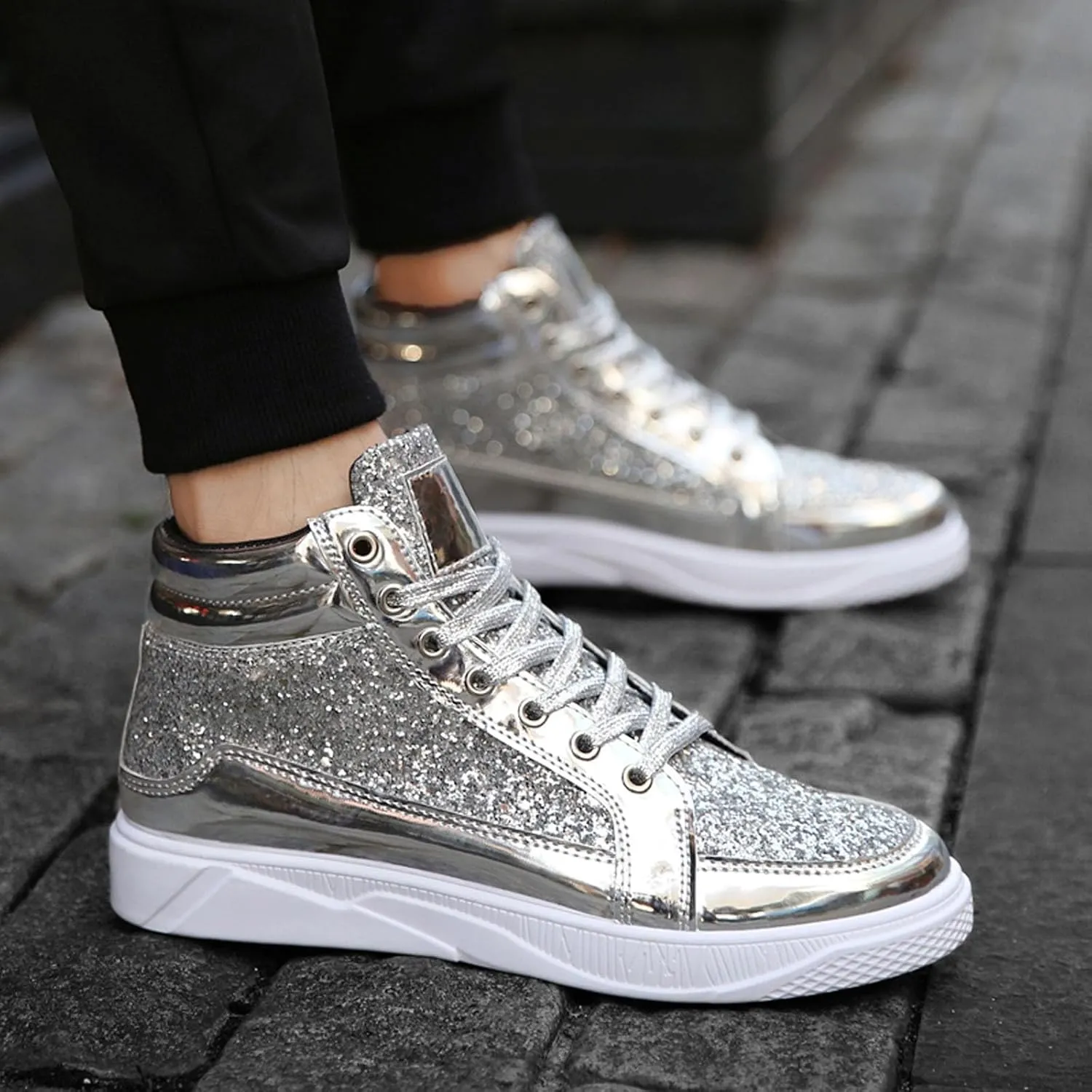 Men's Fashion Bright Leather with Sequin Thick Soled High Top Casual Shoes Comfortable Sneakers Shoes Men Classic Leather Sneaker