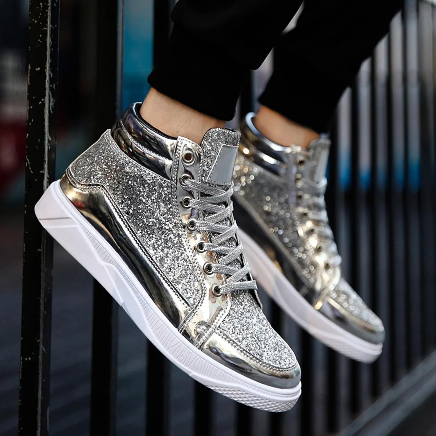 Men's Fashion Bright Leather with Sequin Thick Soled High Top Casual Shoes Comfortable Sneakers Shoes Men Classic Leather Sneaker
