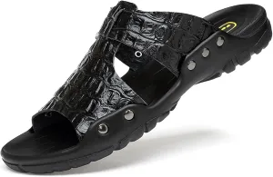 Men'S Genuine Leather Alligator Printed Flat Sandals Fashion Round Open Toe Slip-On Soft Sole Male Slide Sandals Summer Leisure Non-Slip Beach Sandals