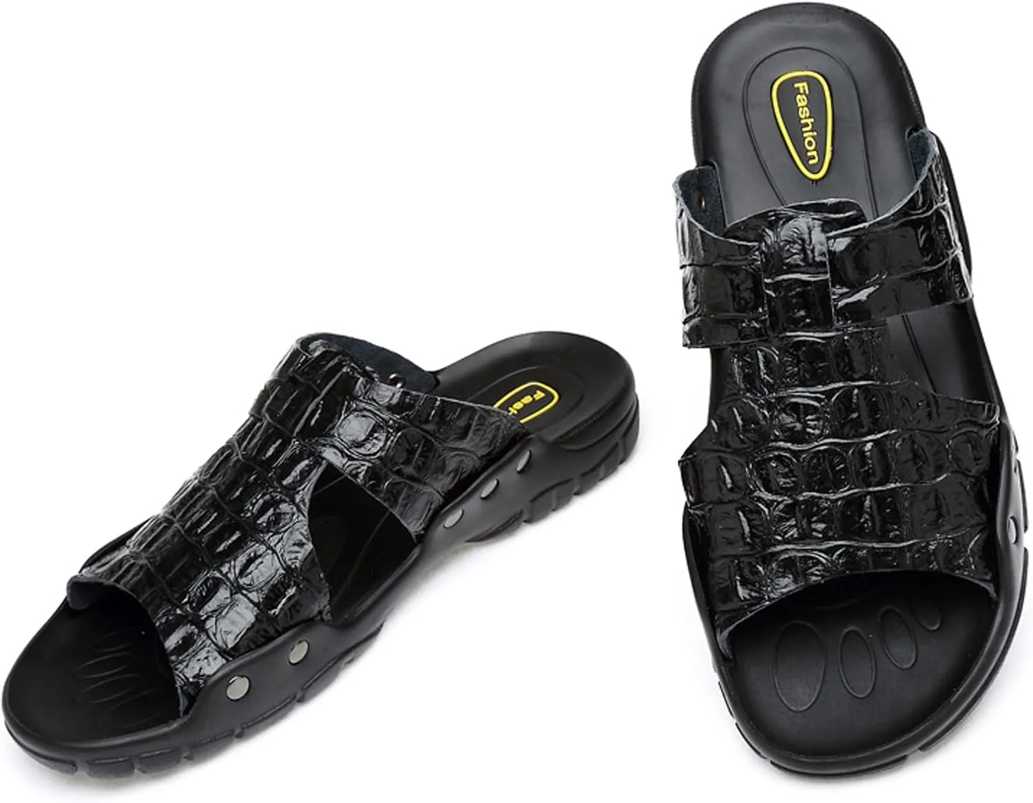 Men'S Genuine Leather Alligator Printed Flat Sandals Fashion Round Open Toe Slip-On Soft Sole Male Slide Sandals Summer Leisure Non-Slip Beach Sandals