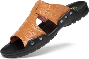 Men'S Genuine Leather Alligator Printed Flat Sandals Fashion Round Open Toe Slip-On Soft Sole Male Slide Sandals Summer Leisure Non-Slip Beach Sandals
