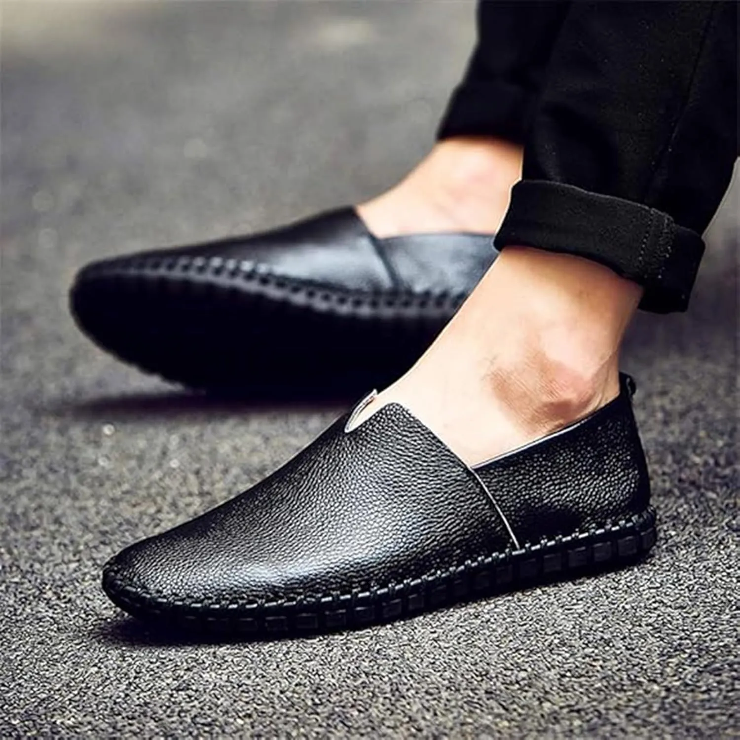 Men's Genuine Leather Slip-On Loafers Handmade Perforated Breathable Casual Driving Shoes