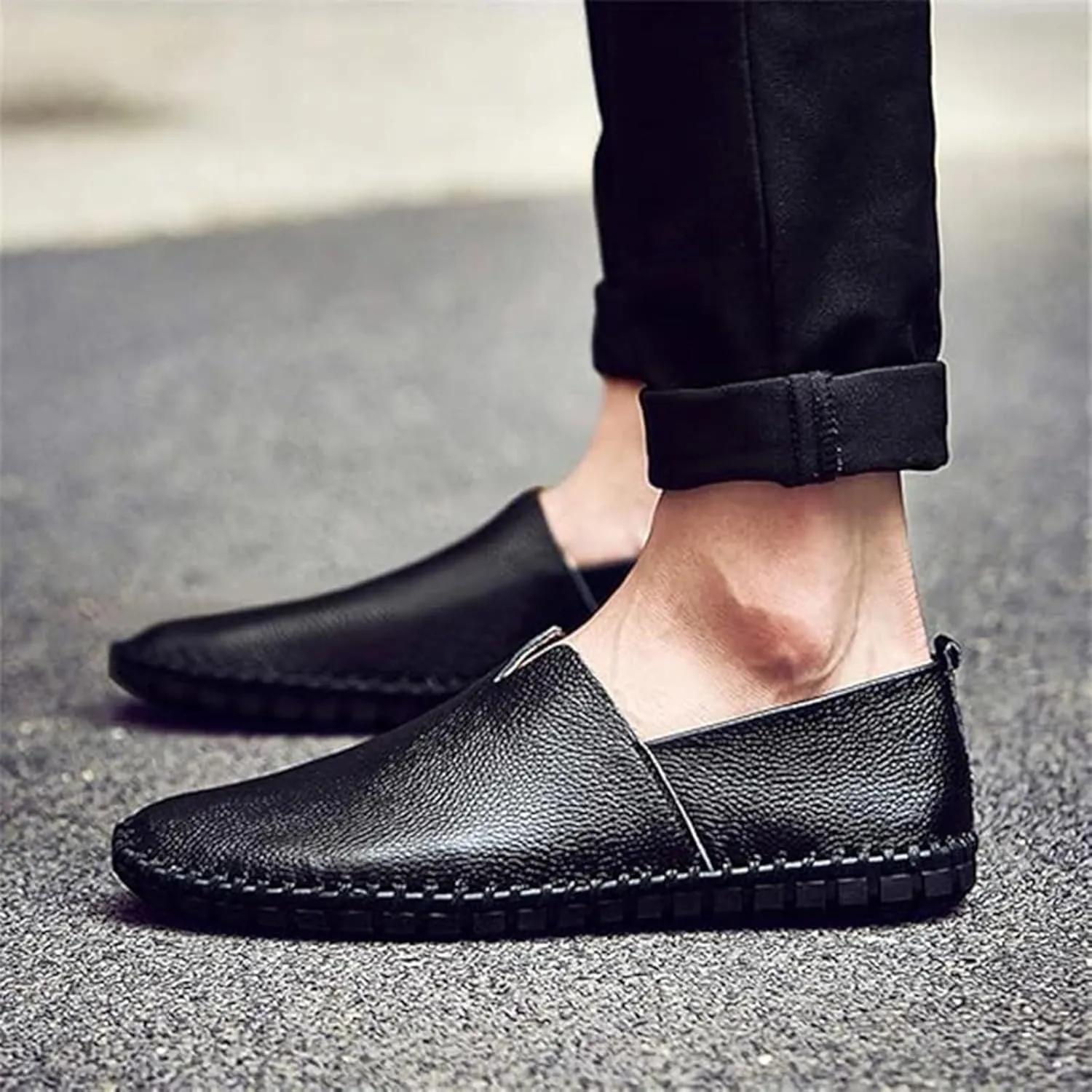 Men's Genuine Leather Slip-On Loafers Handmade Perforated Breathable Casual Driving Shoes