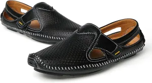 Men's Leather Hollow Loafers Summer Breathable Casual Sandals Elegant Driving Shoes Lightweight Non-Slip Water Shoes for Men Anti-Collision Daily Athletic Seaside Water Walking Driving Shoes