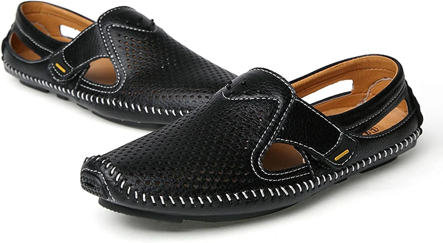 Men's Leather Hollow Loafers Summer Breathable Casual Sandals Elegant Driving Shoes Lightweight Non-Slip Water Shoes for Men Anti-Collision Daily Athletic Seaside Water Walking Driving Shoes