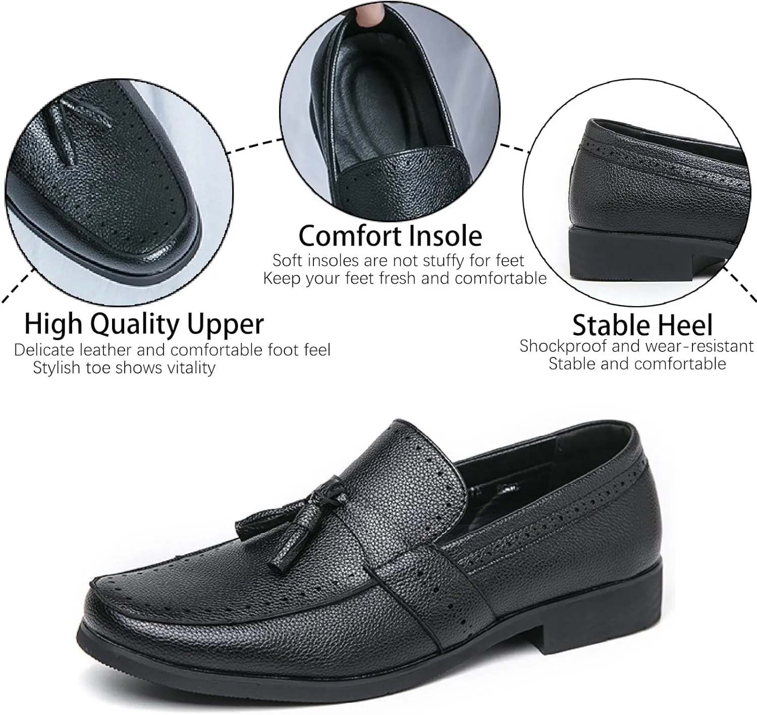 Men's Leather Tassel Penny Loafers Casual Comfortable Round Toe Slip-on Chunky Heel Dress Shoes for Business Formal Driving Wedding