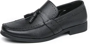 Men's Leather Tassel Penny Loafers Casual Comfortable Round Toe Slip-on Chunky Heel Dress Shoes for Business Formal Driving Wedding