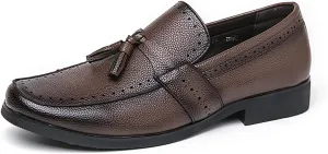 Men's Leather Tassel Penny Loafers Casual Comfortable Round Toe Slip-on Chunky Heel Dress Shoes for Business Formal Driving Wedding