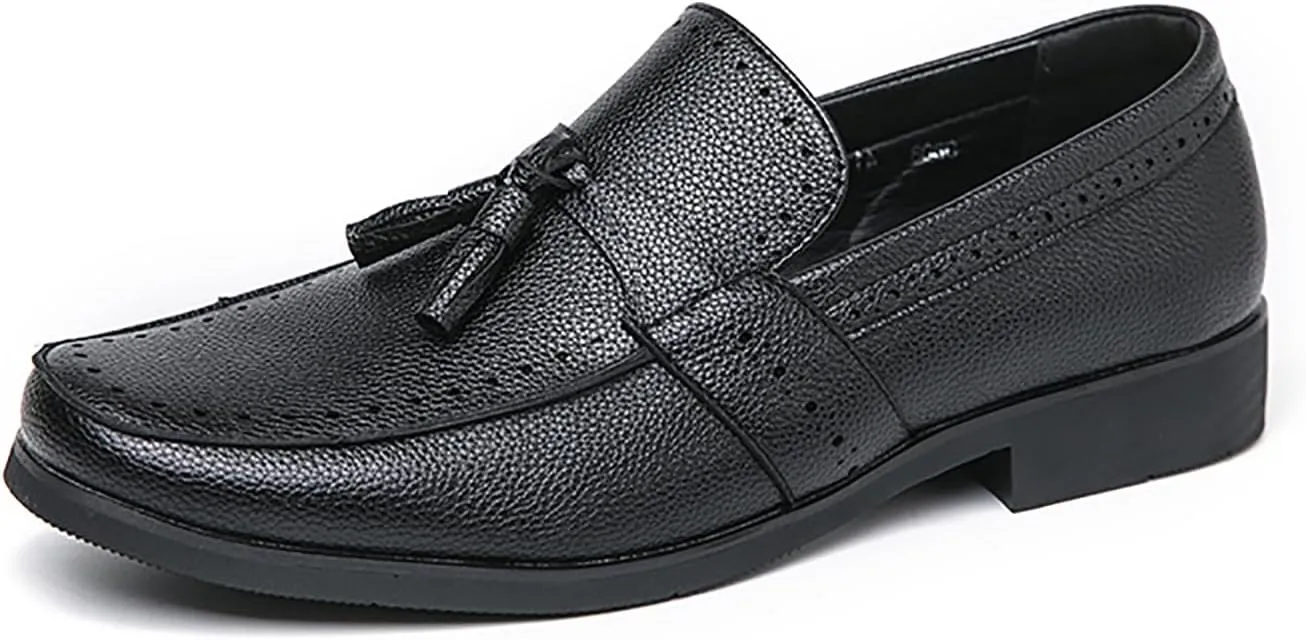 Men's Leather Tassel Penny Loafers Casual Comfortable Round Toe Slip-on Chunky Heel Dress Shoes for Business Formal Driving Wedding