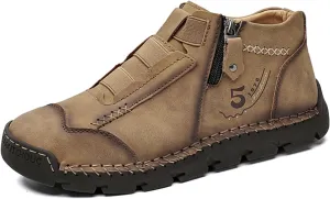 Mens Retro Leather Slip-On Chukka Ankle Boots with Side Zipper Casual Non-Slip Round Toe Walking Loafers High Top Flat Hiking Driving Boots
