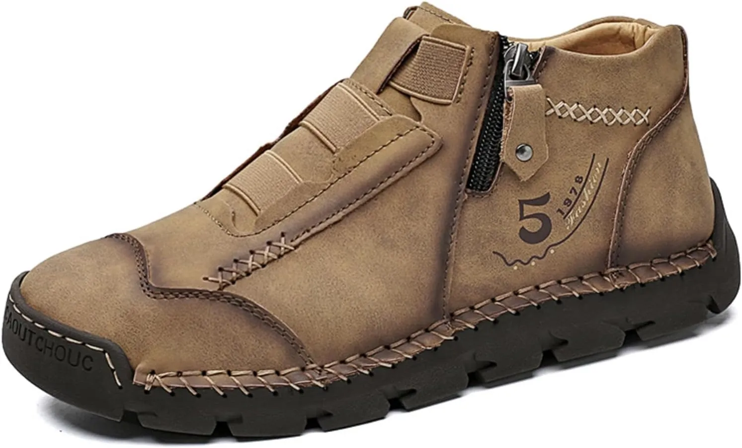 Mens Retro Leather Slip-On Chukka Ankle Boots with Side Zipper Casual Non-Slip Round Toe Walking Loafers High Top Flat Hiking Driving Boots