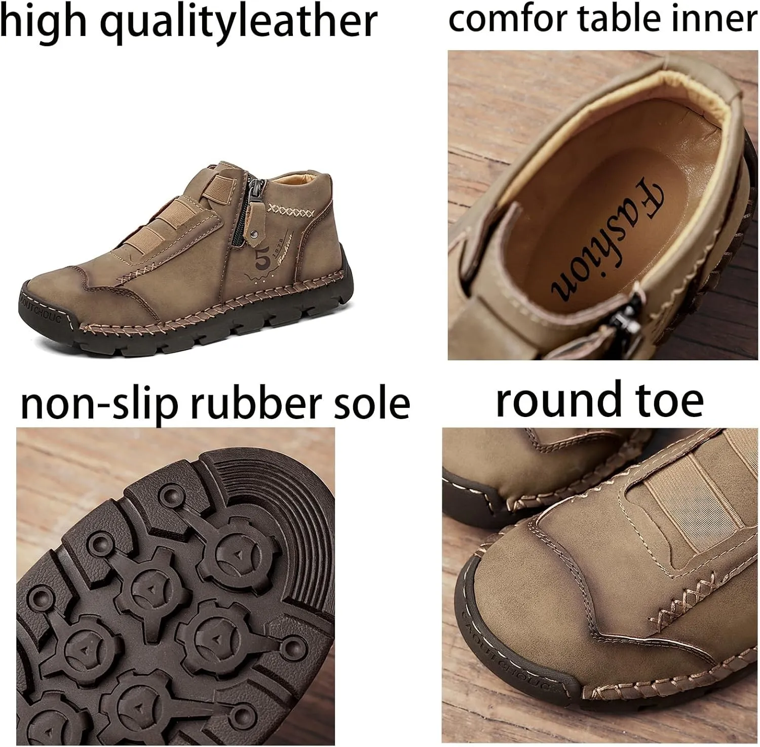 Mens Retro Leather Slip-On Chukka Ankle Boots with Side Zipper Casual Non-Slip Round Toe Walking Loafers High Top Flat Hiking Driving Boots