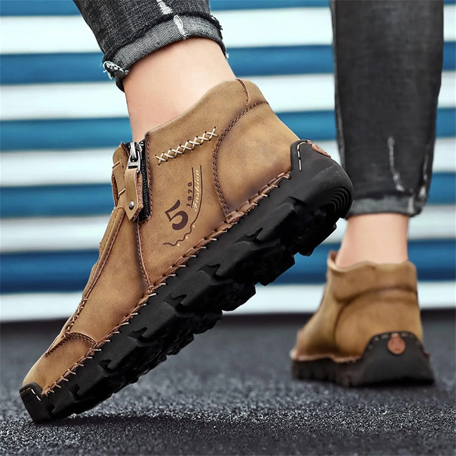 Mens Retro Leather Slip-On Chukka Ankle Boots with Side Zipper Casual Non-Slip Round Toe Walking Loafers High Top Flat Hiking Driving Boots