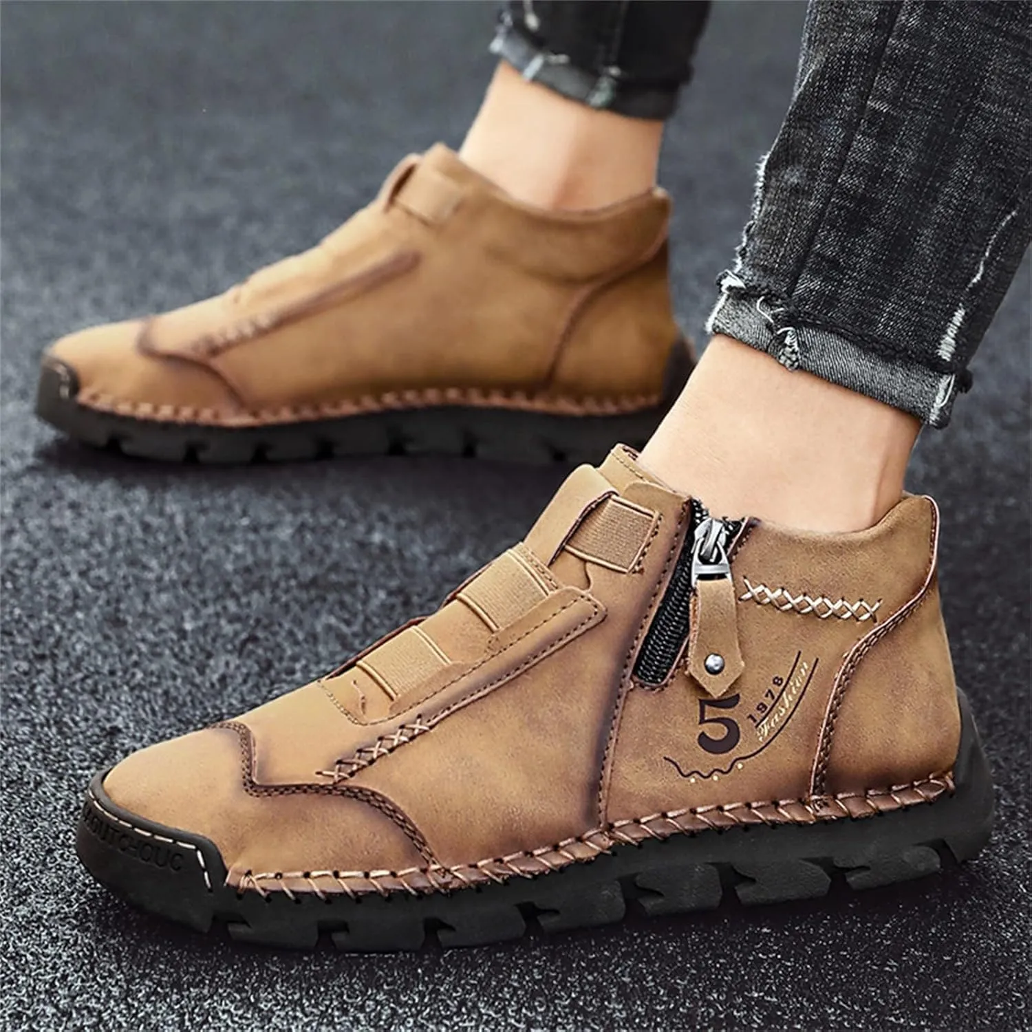 Mens Retro Leather Slip-On Chukka Ankle Boots with Side Zipper Casual Non-Slip Round Toe Walking Loafers High Top Flat Hiking Driving Boots