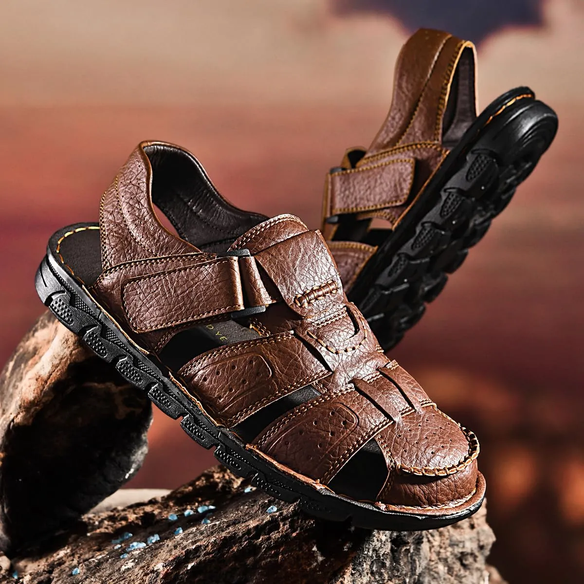 Men's Summer Handmade Leather Sandal Sport Sandals Closed Toe Outdoor Beach Shoes