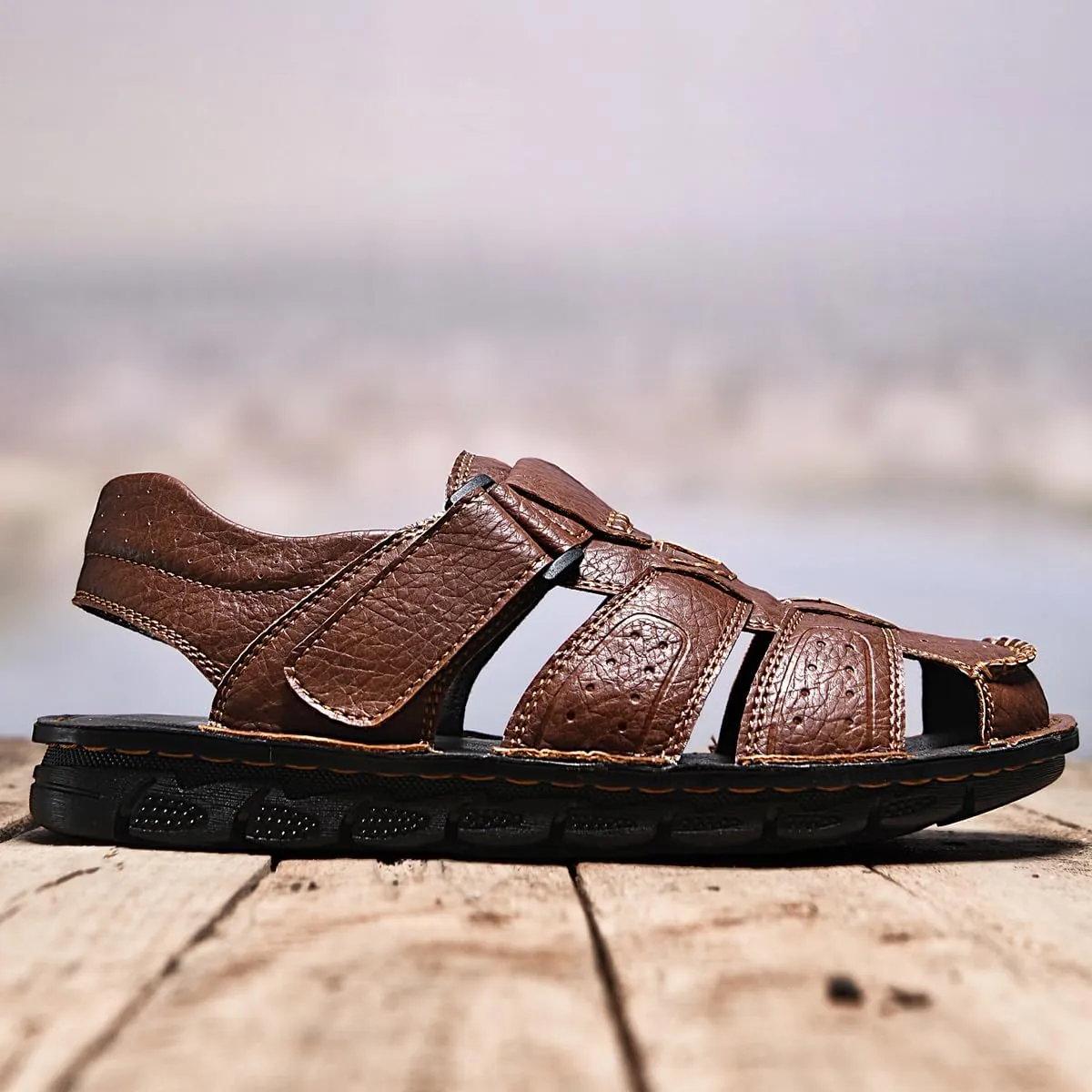 Men's Summer Handmade Leather Sandal Sport Sandals Closed Toe Outdoor Beach Shoes
