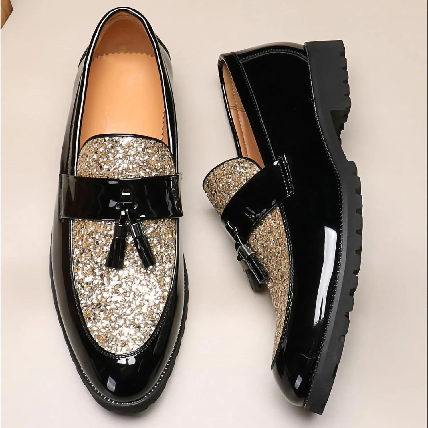 Men's Tassel Loafers – Sparkly Slip-On Dress Shoes with Pointed Toe and Patent PU Upper for Parties, Office, and Formal Events