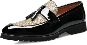 Men's Tassel Loafers – Sparkly Slip-On Dress Shoes with Pointed Toe and Patent PU Upper for Parties, Office, and Formal Events