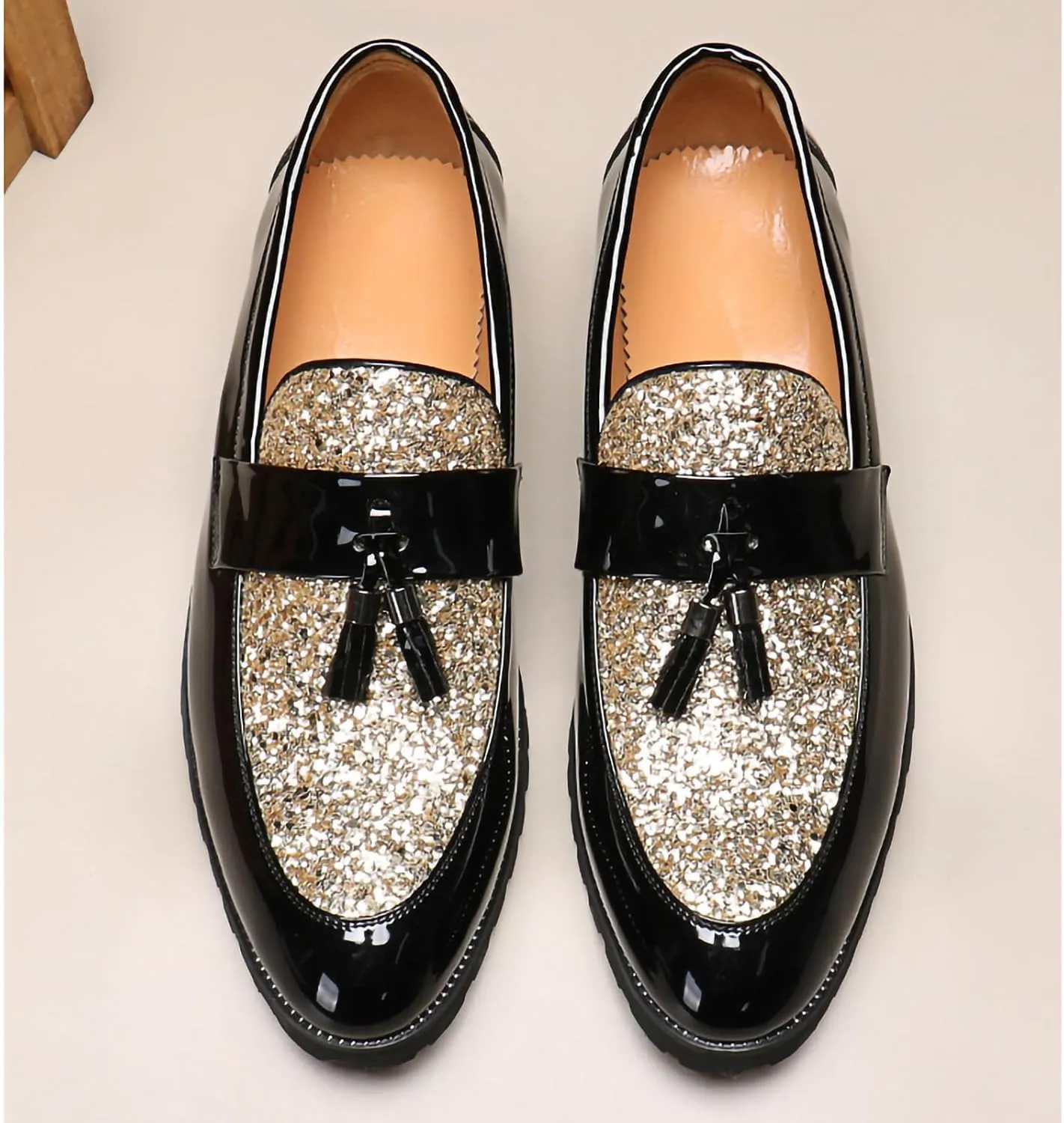 Men's Tassel Loafers – Sparkly Slip-On Dress Shoes with Pointed Toe and Patent PU Upper for Parties, Office, and Formal Events