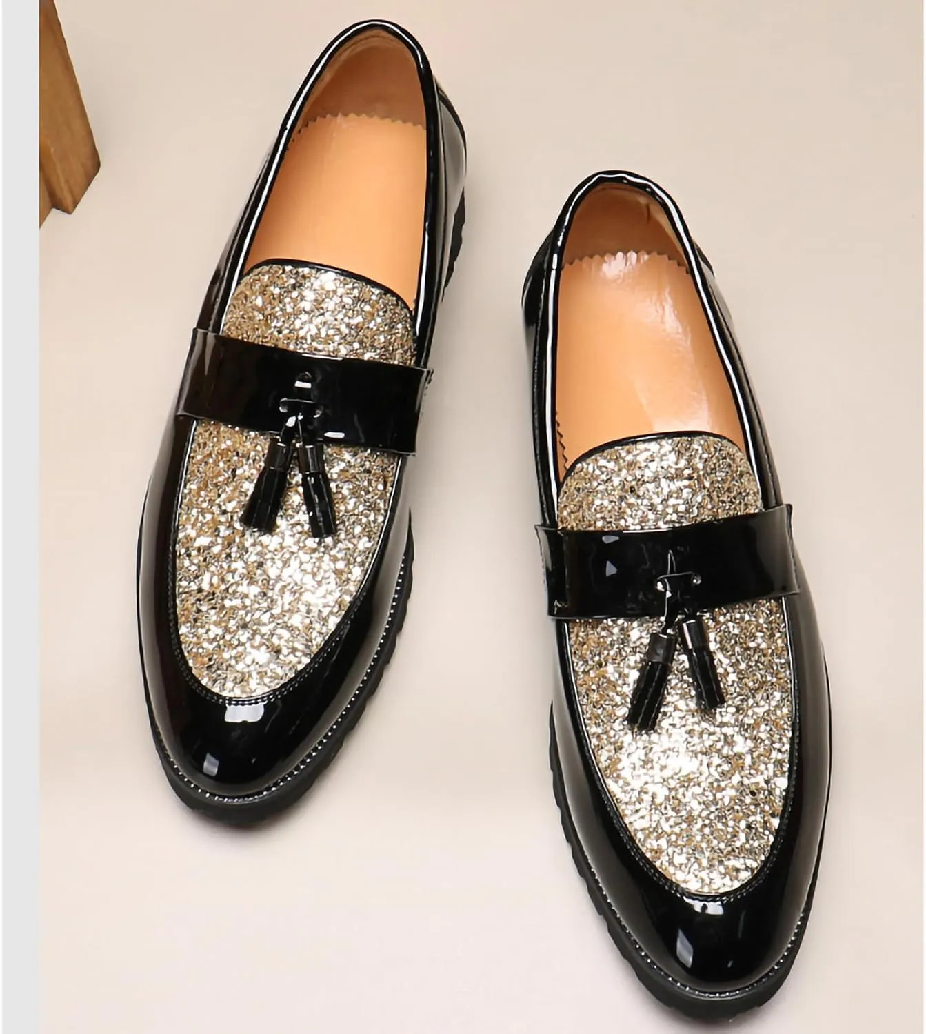 Men's Tassel Loafers – Sparkly Slip-On Dress Shoes with Pointed Toe and Patent PU Upper for Parties, Office, and Formal Events