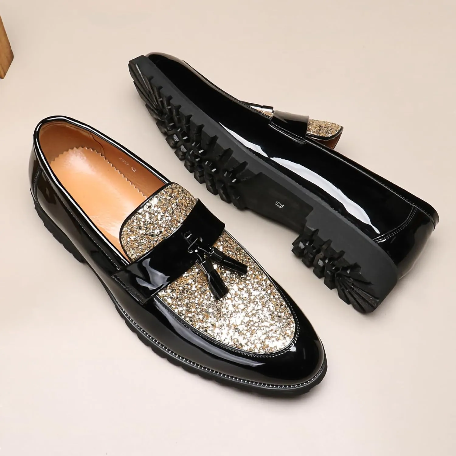 Men's Tassel Loafers – Sparkly Slip-On Dress Shoes with Pointed Toe and Patent PU Upper for Parties, Office, and Formal Events