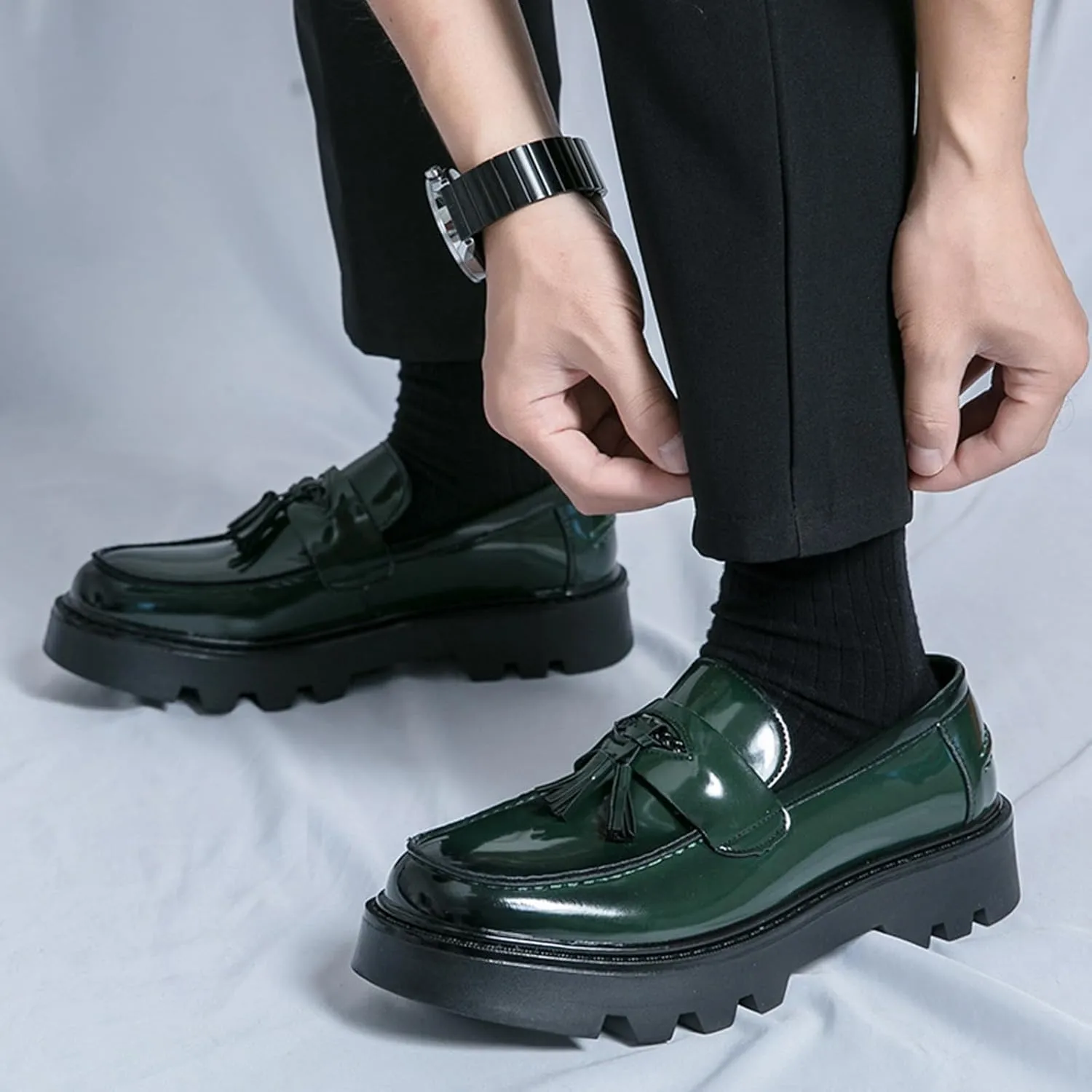 Men's Tassel Lug Sole Slip-on Platform Loafers,Fashion Patent Leather Round Toe Low Top Non-Slip Business Dress Shoes for Party Dating Prom