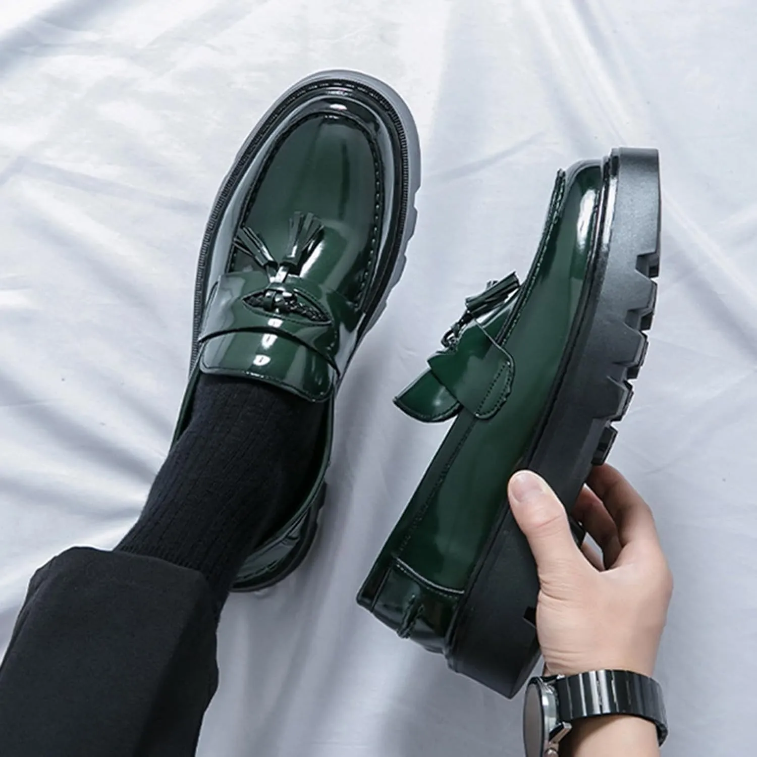 Men's Tassel Lug Sole Slip-on Platform Loafers,Fashion Patent Leather Round Toe Low Top Non-Slip Business Dress Shoes for Party Dating Prom