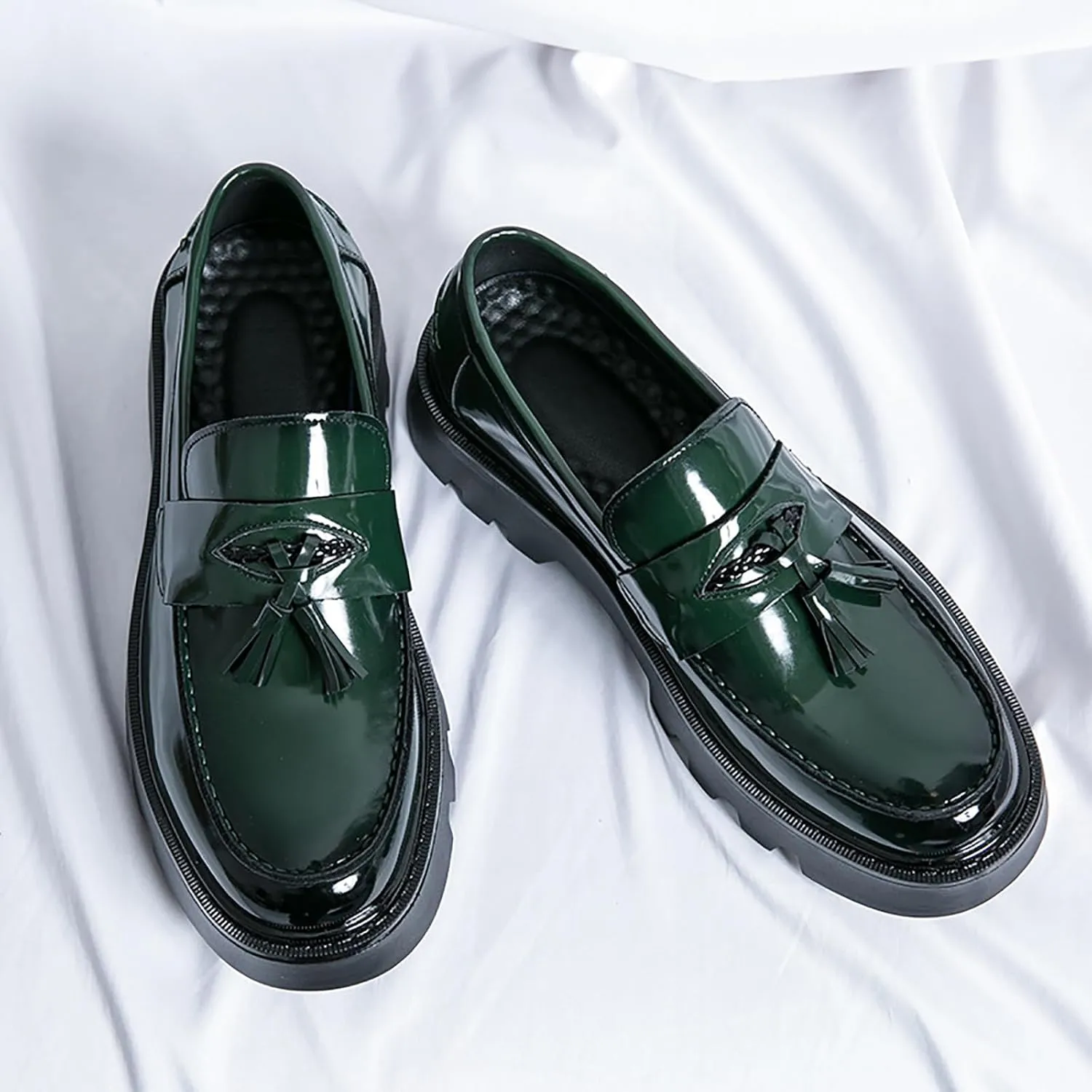 Men's Tassel Lug Sole Slip-on Platform Loafers,Fashion Patent Leather Round Toe Low Top Non-Slip Business Dress Shoes for Party Dating Prom