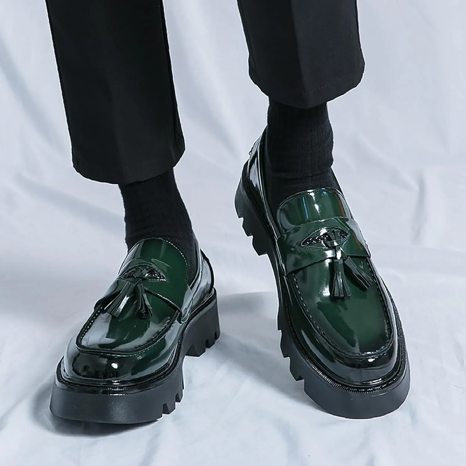 Men's Tassel Lug Sole Slip-on Platform Loafers,Fashion Patent Leather Round Toe Low Top Non-Slip Business Dress Shoes for Party Dating Prom